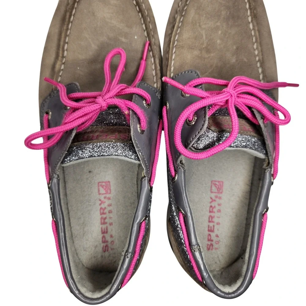 SPERRY‎ Top-Sider Boat Shoes Youth 5.5 Gray Pink Silver Glitter Girls